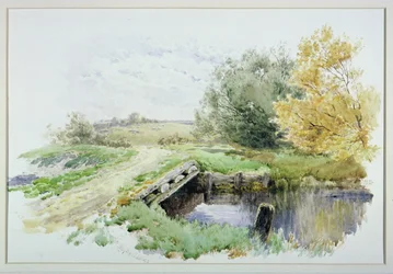 Landschaft mit Brücke über einen Bach
